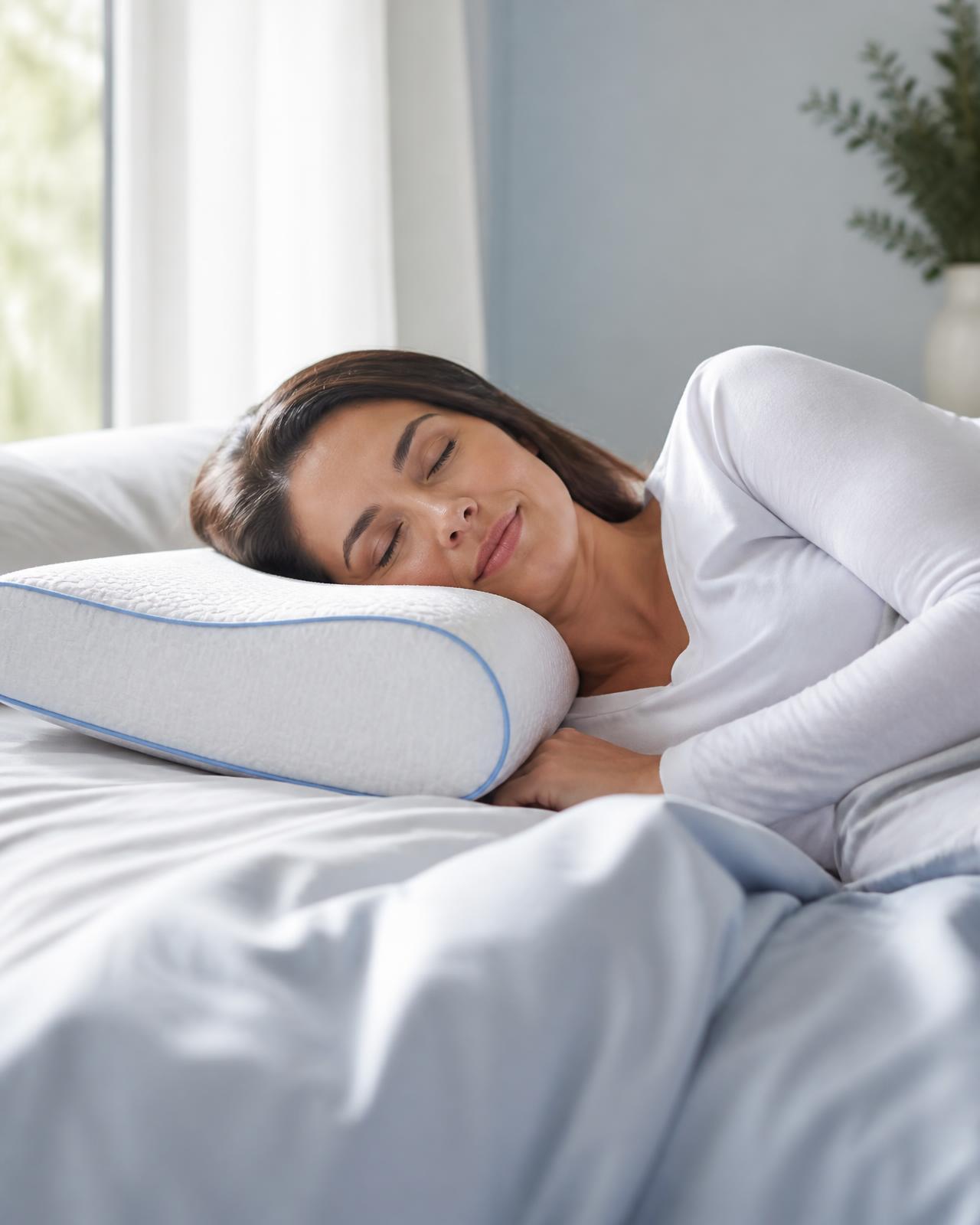 Mujer durmiendo de lado sobre la almohada cervical ergonómica Curalinne