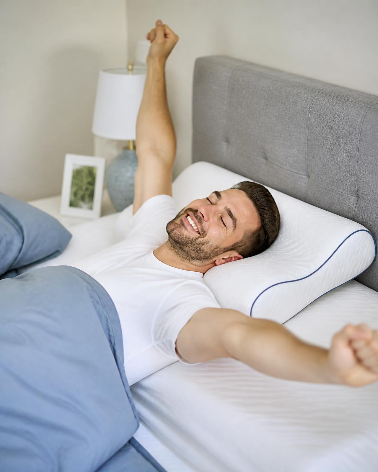 Hombre despertando descansado con la almohada cervical Curalinne